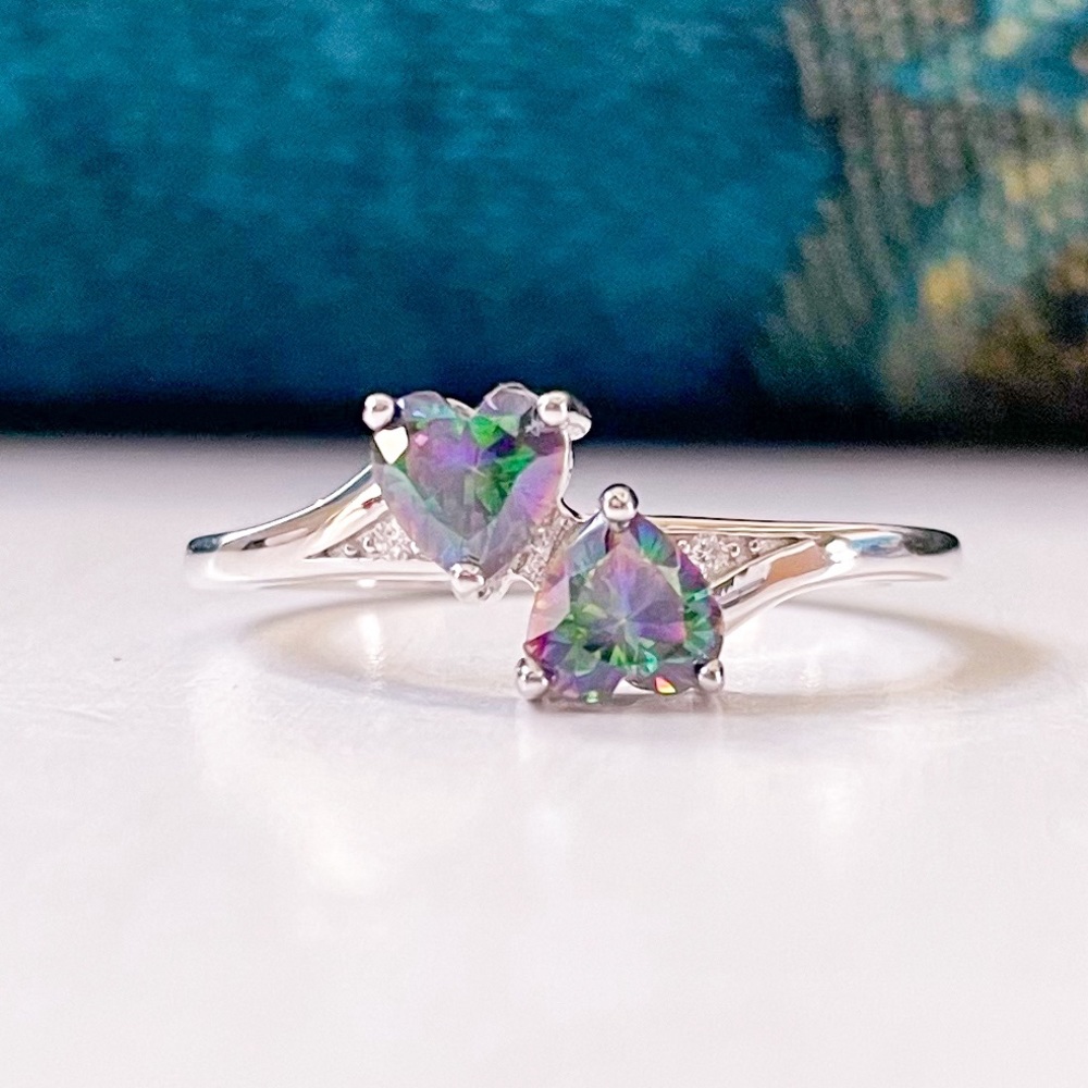 925 Double Heart Rainbow Topaz CZ Ring Sz 8